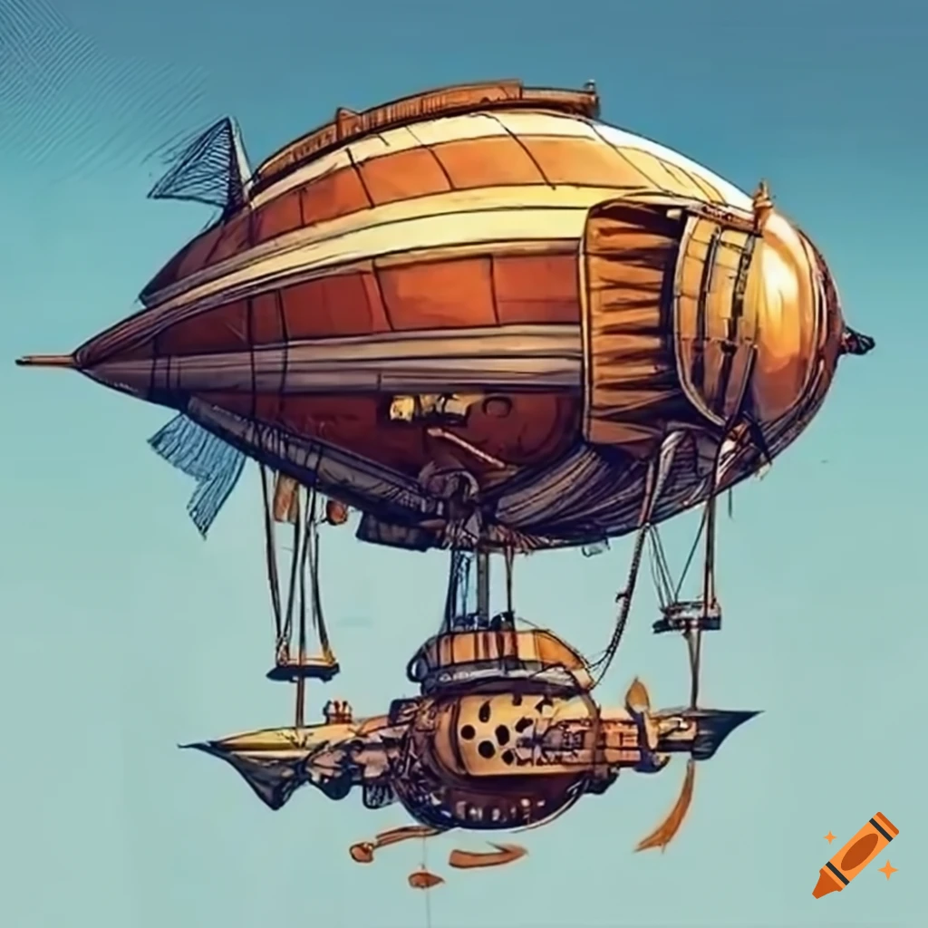 a steampunk rocket airship in action