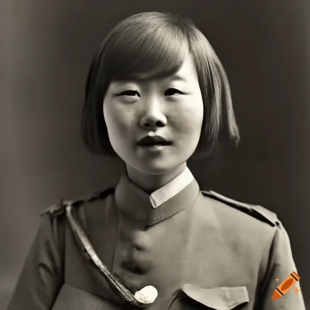 vintage photo of a Chinese woman in military clothes with a gun