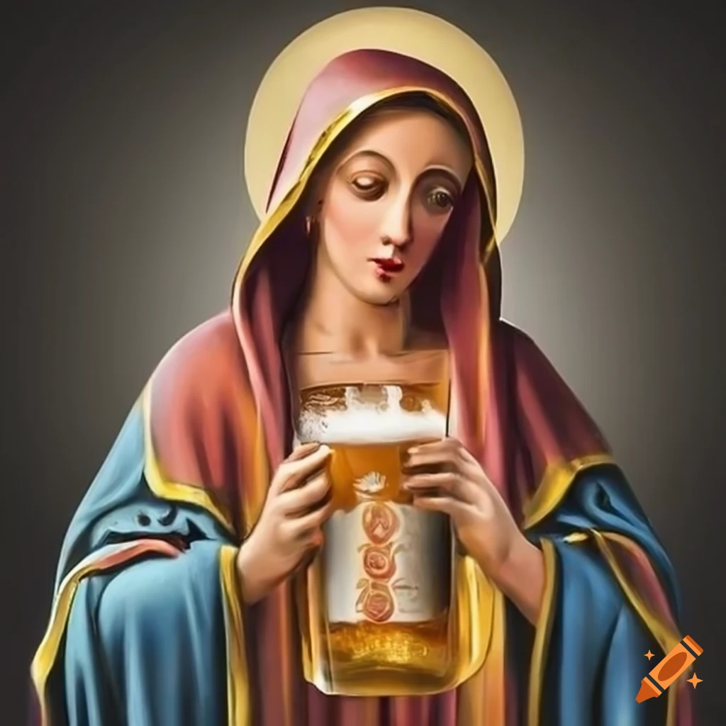 depiction of Virgin Mary with a beer