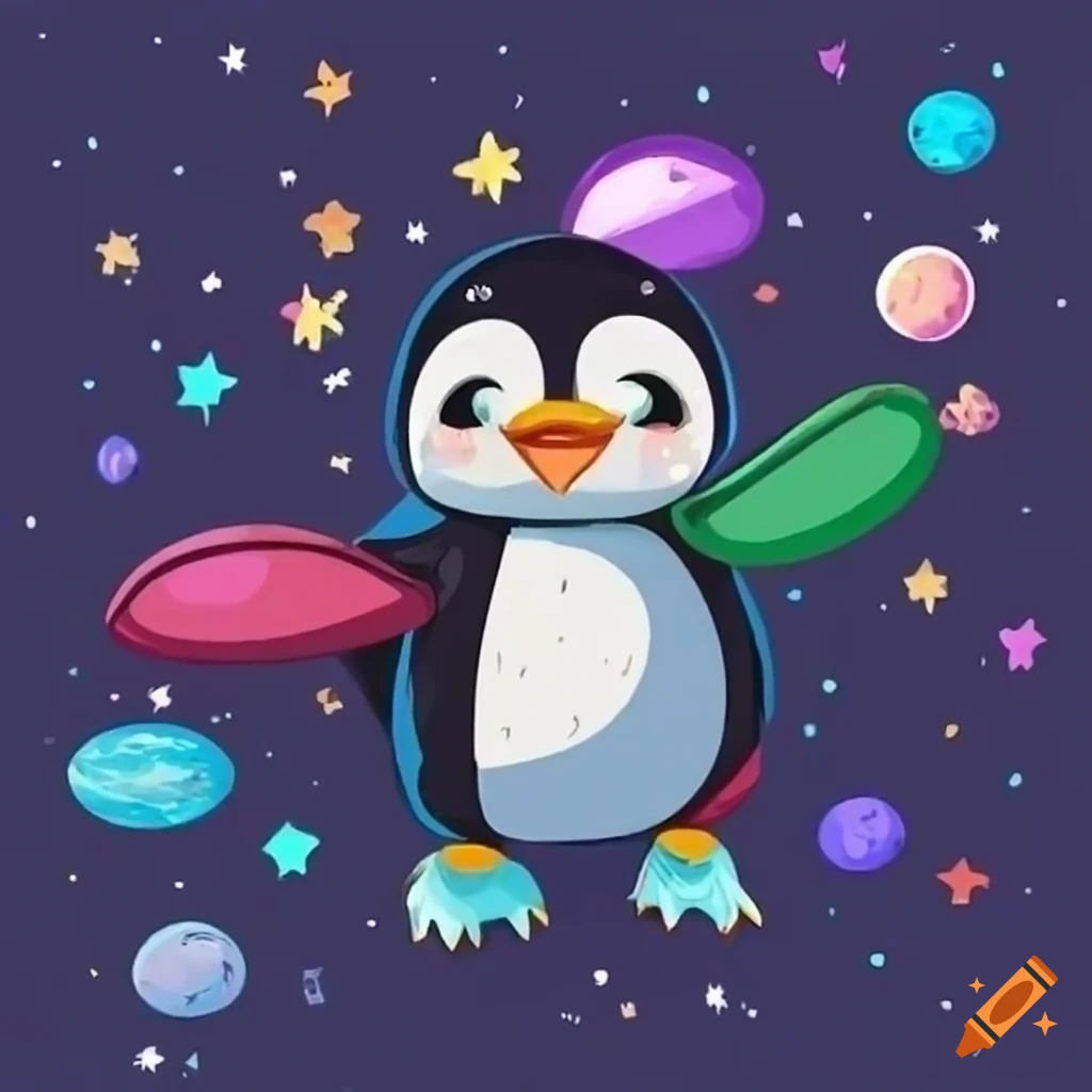 cute anime penguin floating in space
