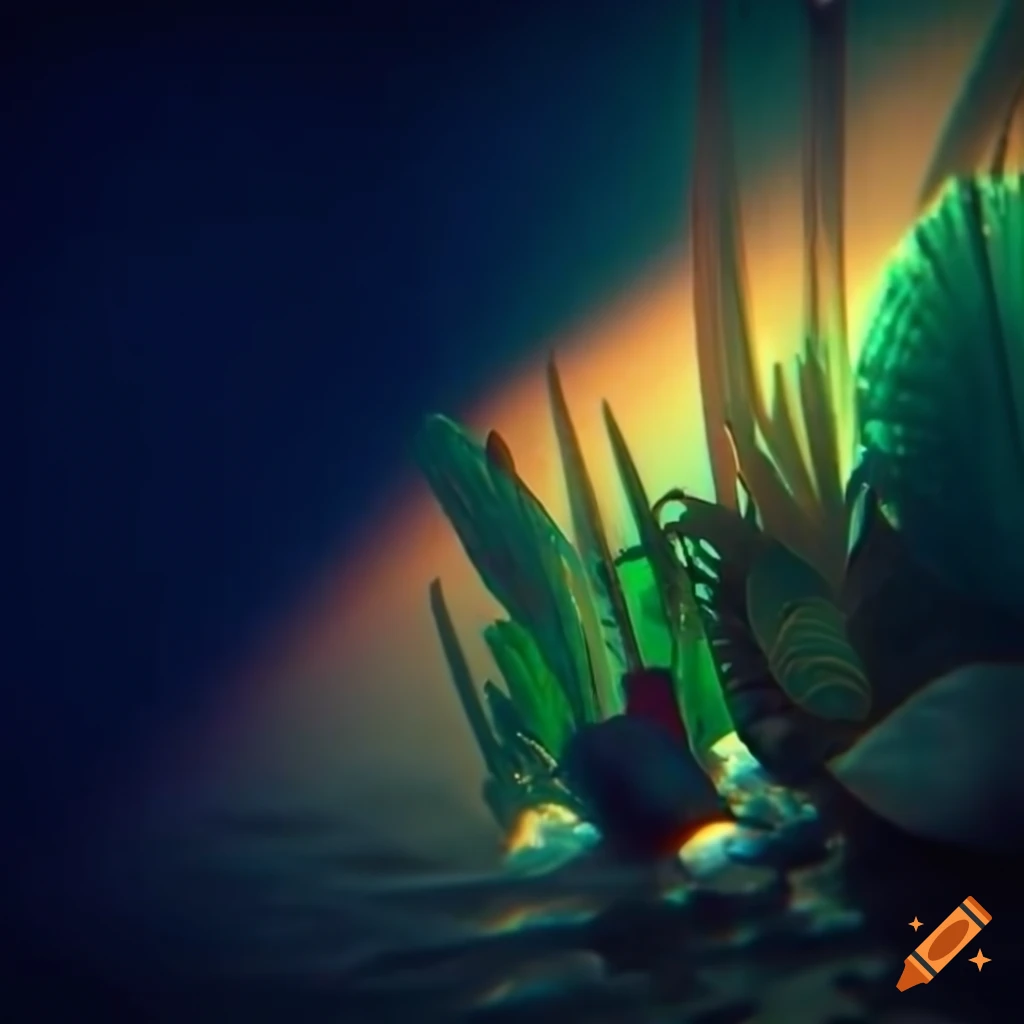 glowing quartz crystals and seashells with tropical plants