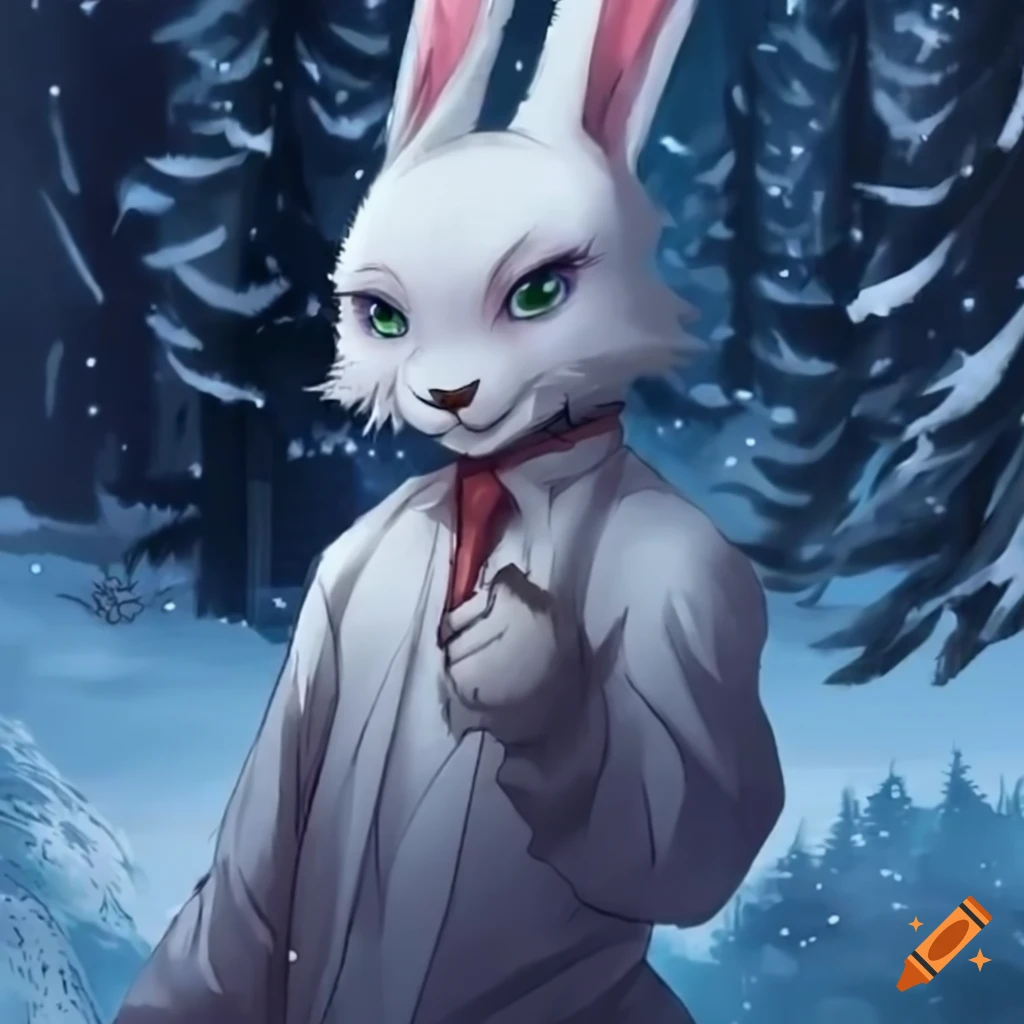 white anthropomorphic rabbit man in snowy forest