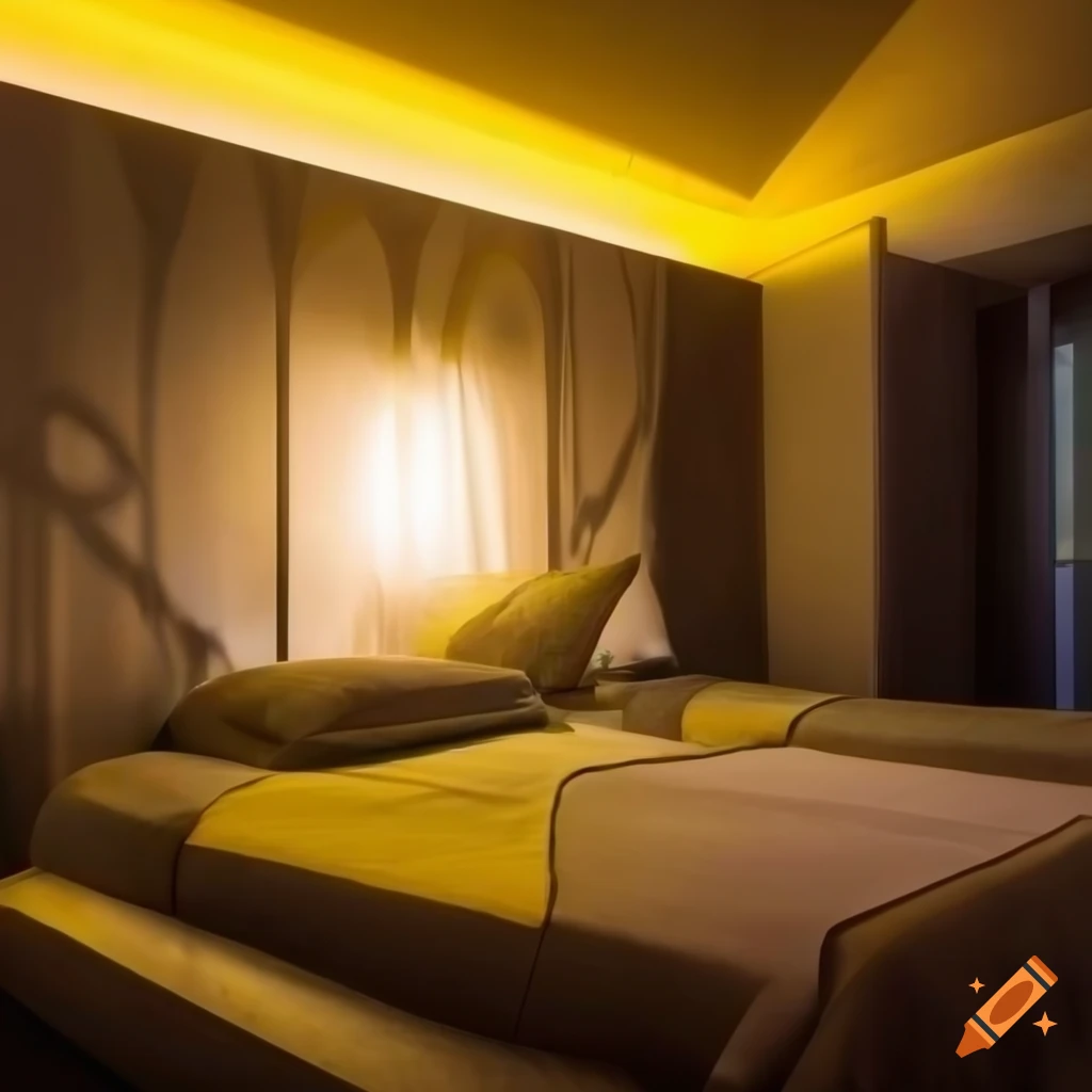 hotel room with vibrant lighting and palm-shaped shadows
