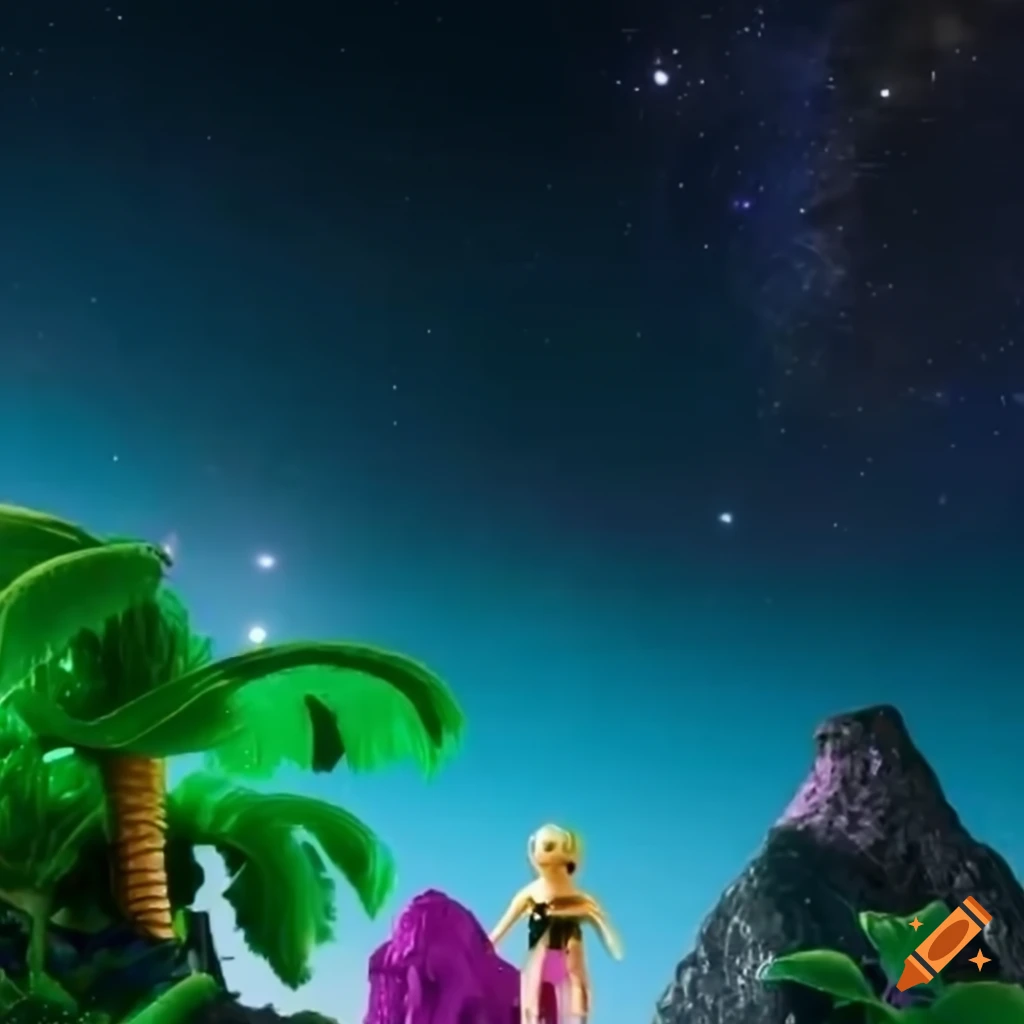 Polly Pocket tropical island with palm trees under starry sky