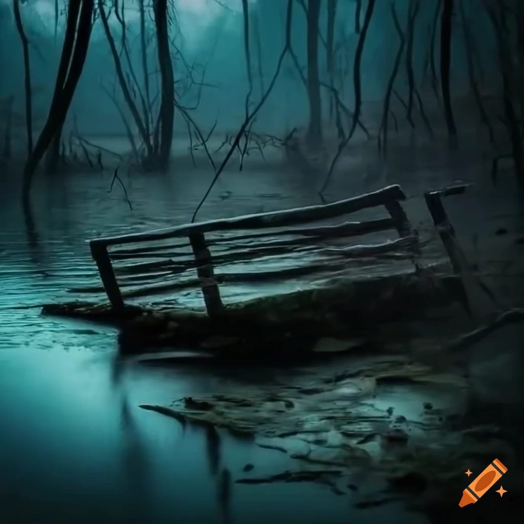 eerie pond with a fallen phone and wooden bridge