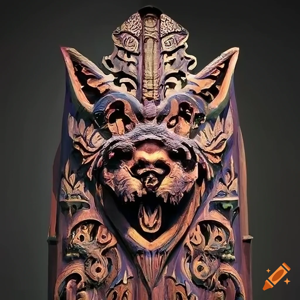 detailed carving of a moth werewolf motif