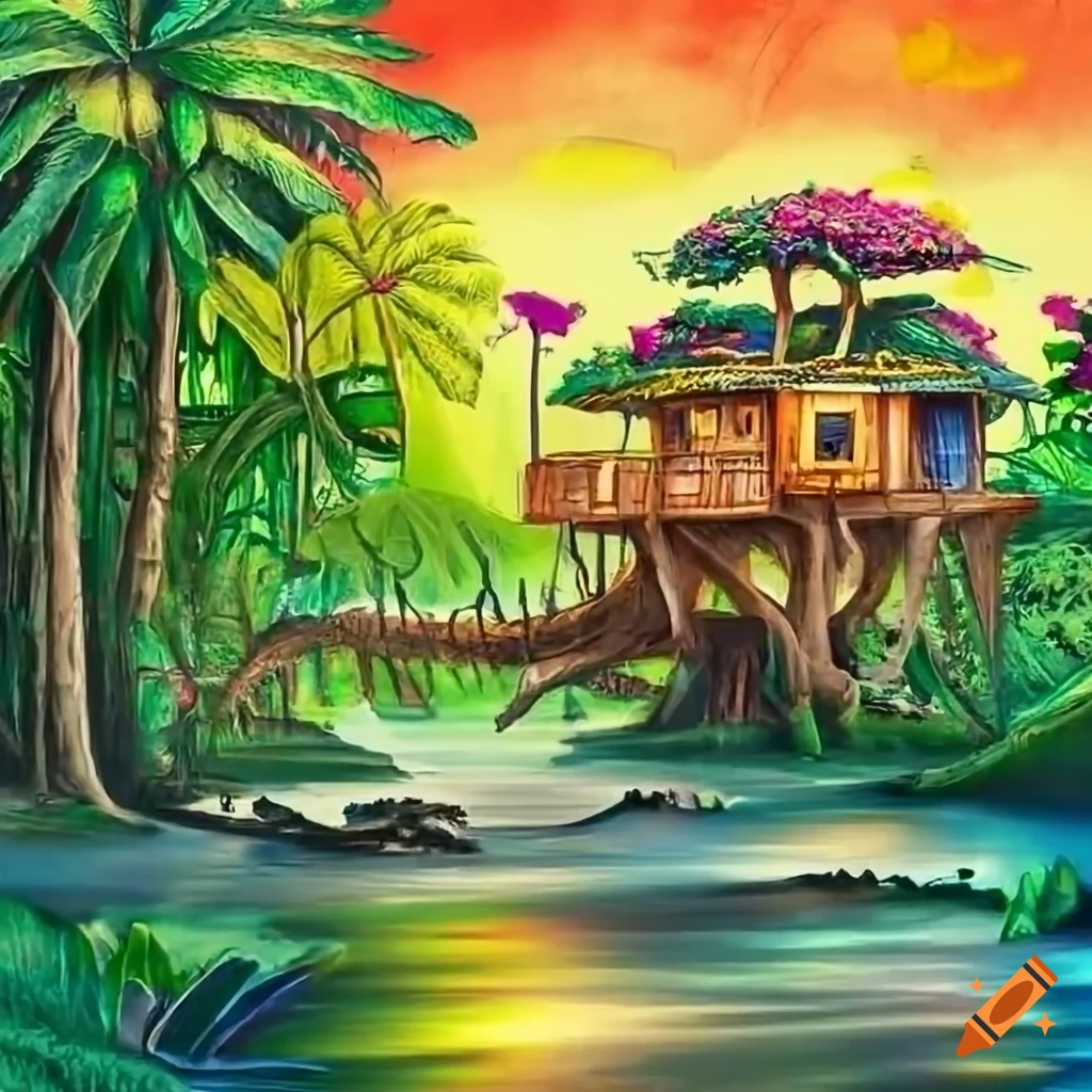 view of a hidden treehouse in a tropical setting