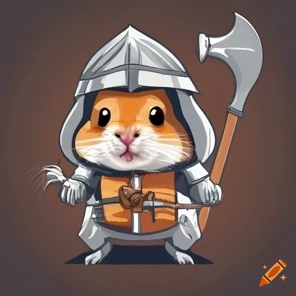 cute hamster dressed as a knight with axes