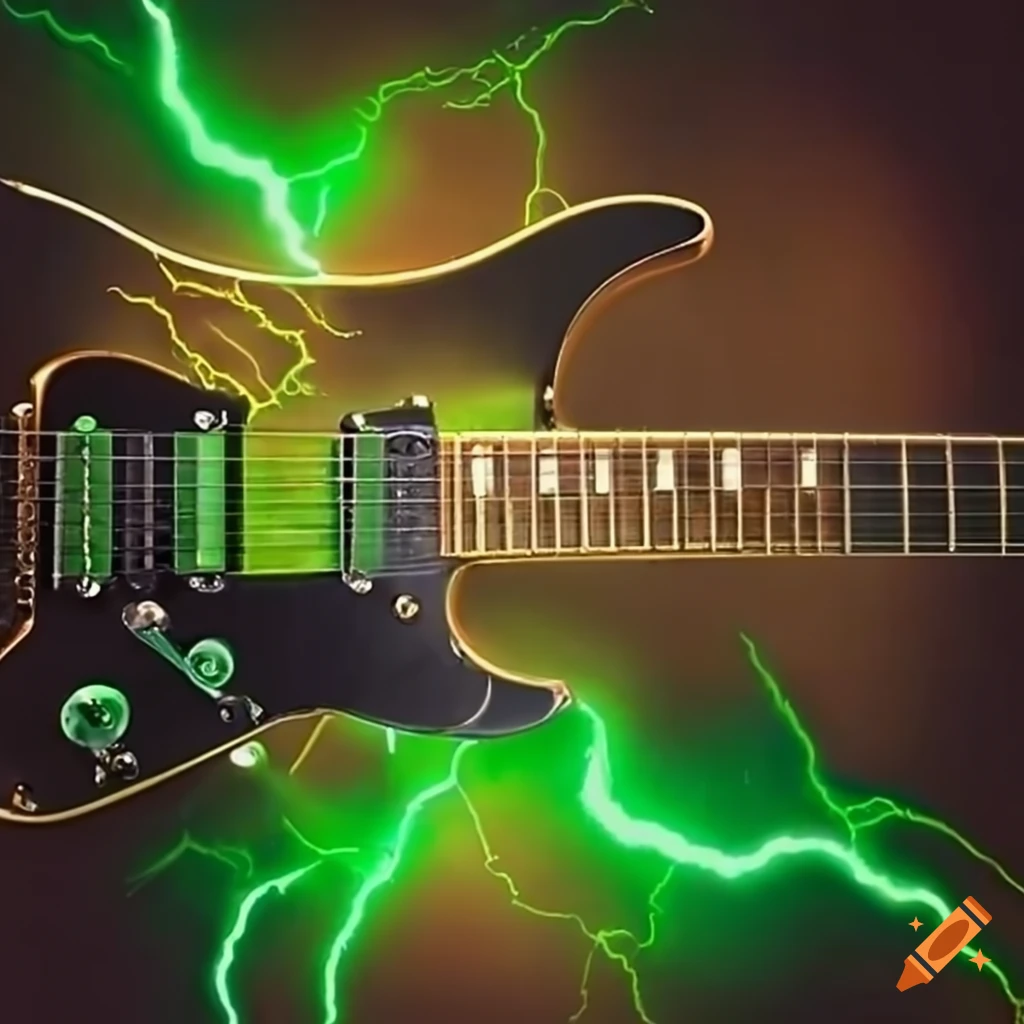 electric guitar with golden and green lightning design
