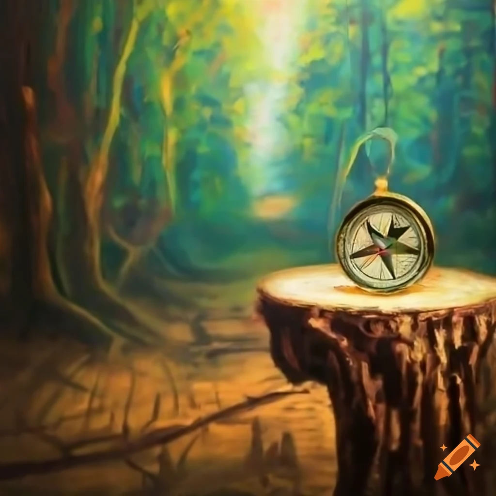 compass and map on a stump in a forest
