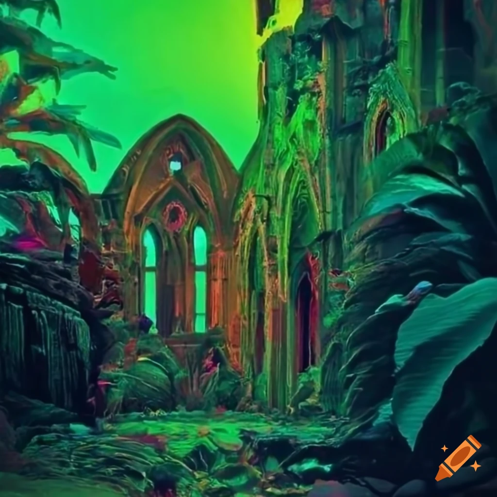 colorful tropical plants and medieval ruins
