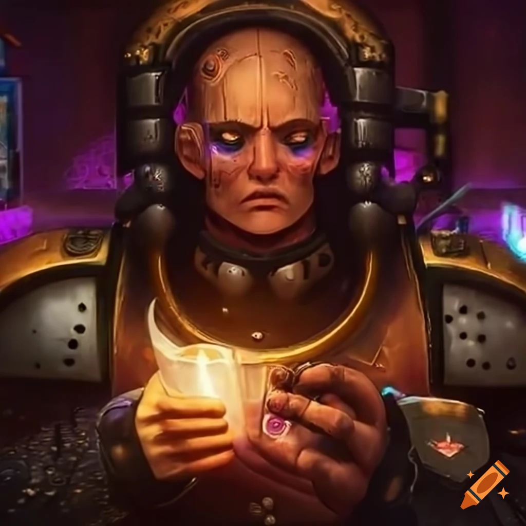 futuristic bar with robotic bartender in Warhammer 40k universe
