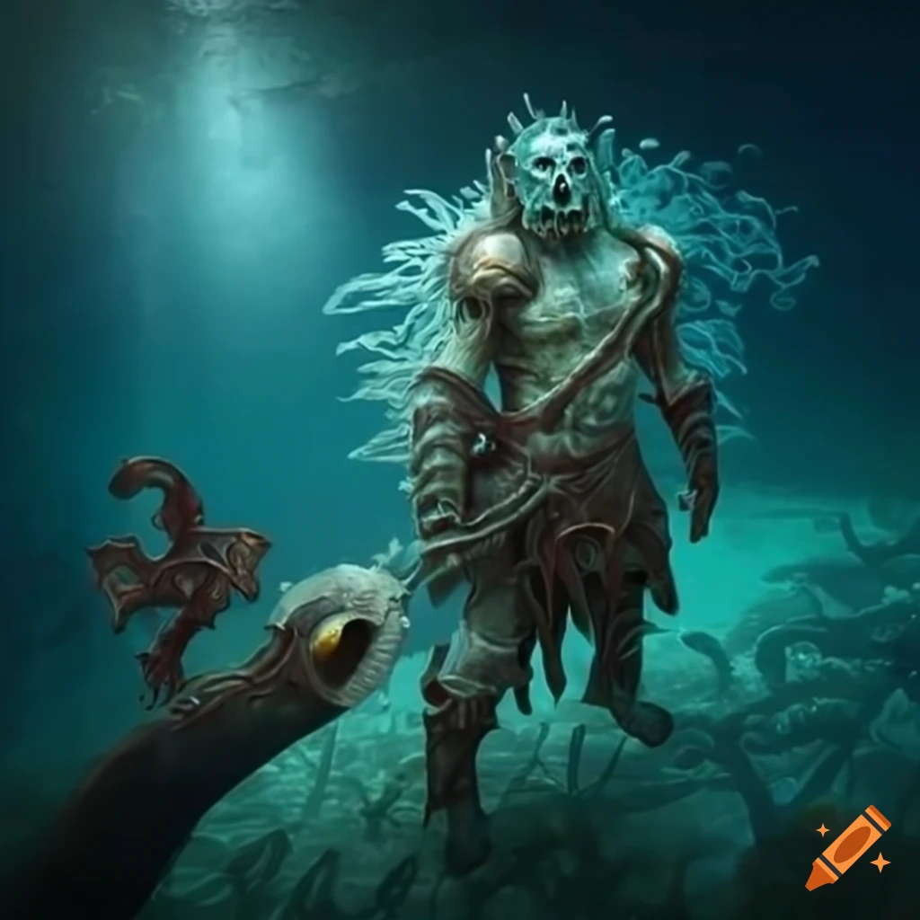 image of an undead aquatic warrior in the depths of the sea