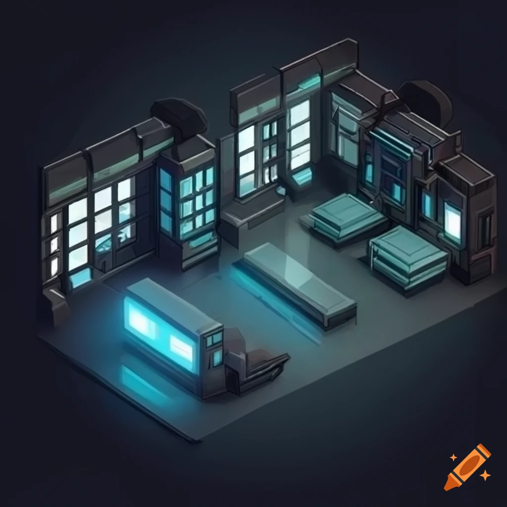 isometric tiles of a sci-fi hospital building