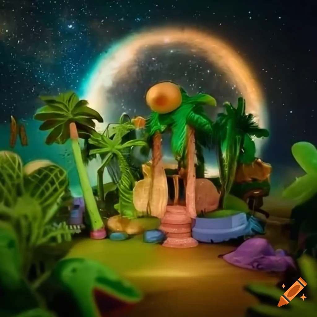 Polly Pocket tropical island with palm trees under starry sky