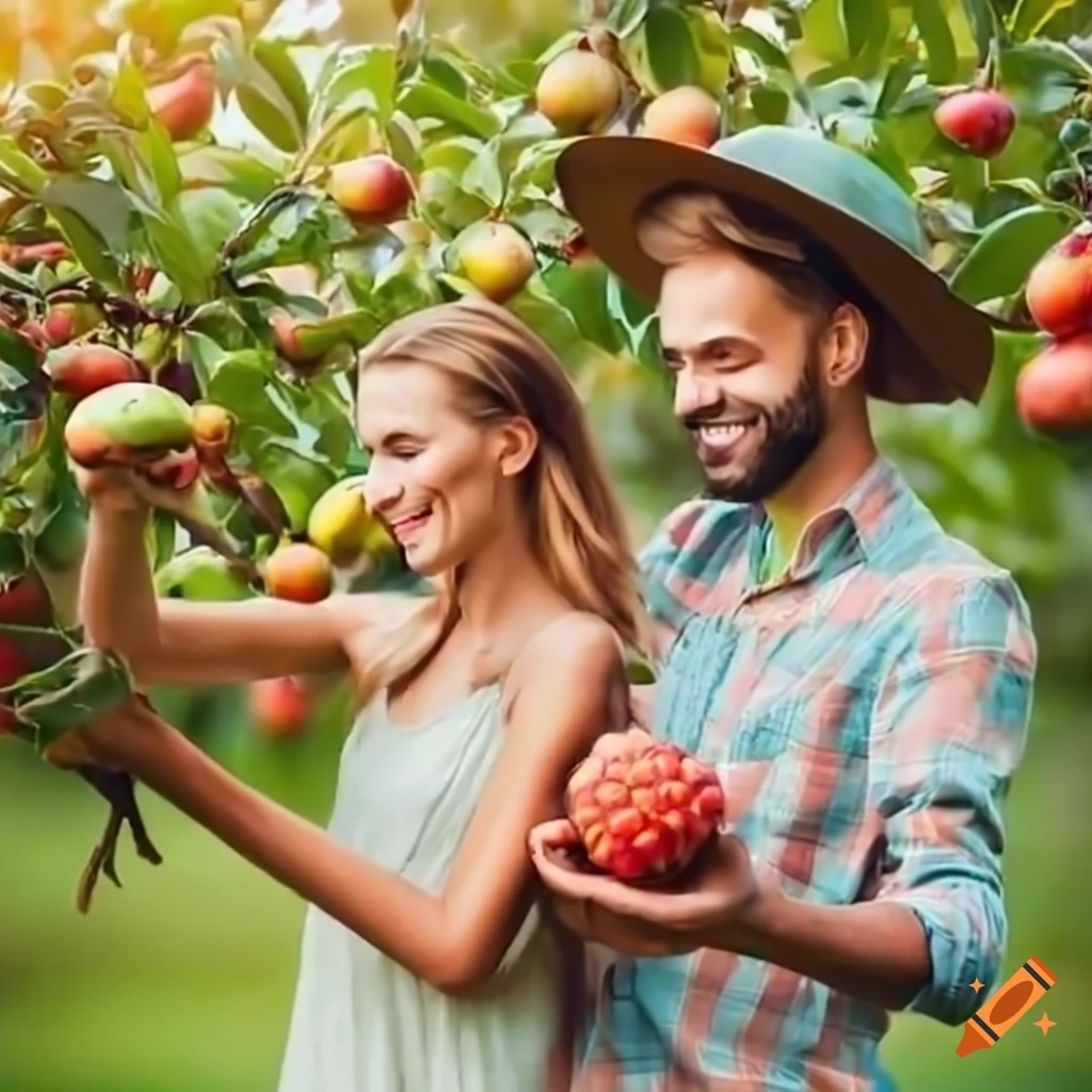 photo of a couple picking ripe fruits in an orchard