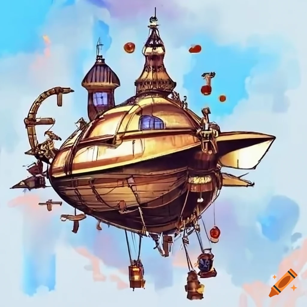 a steampunk rocket airship in action