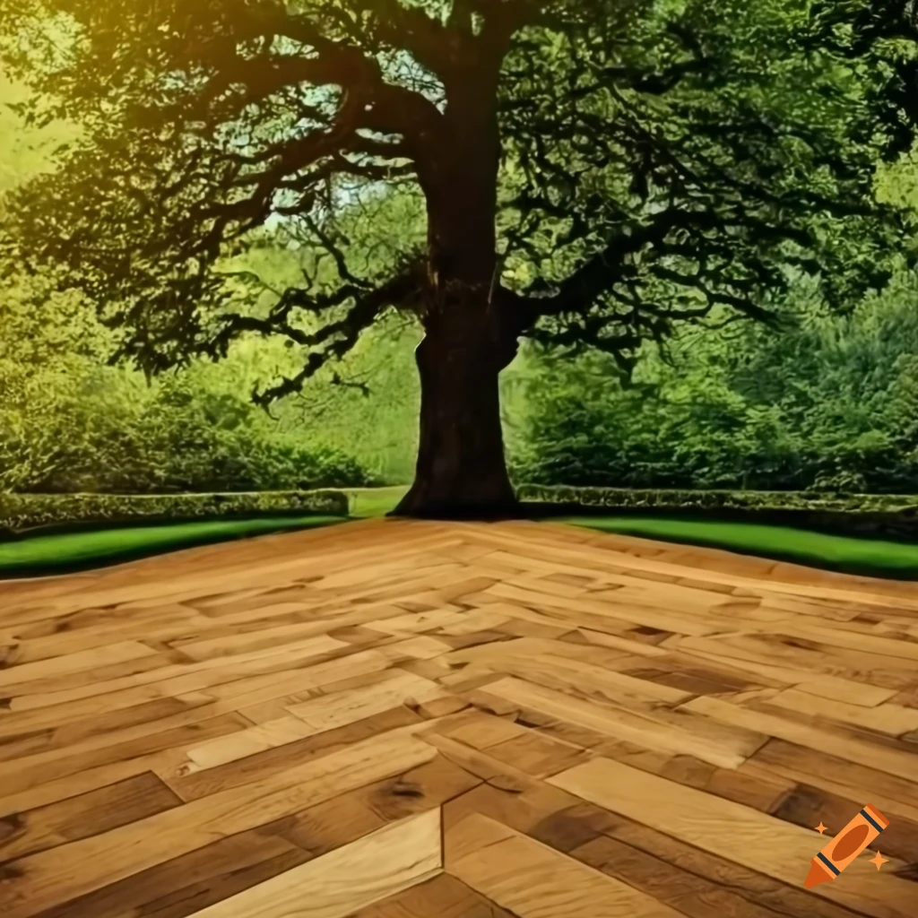 photo of a unique herringbone parquet floor with a tree growing