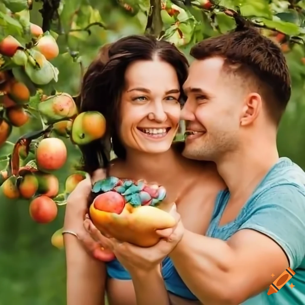 happy couple in an orchard