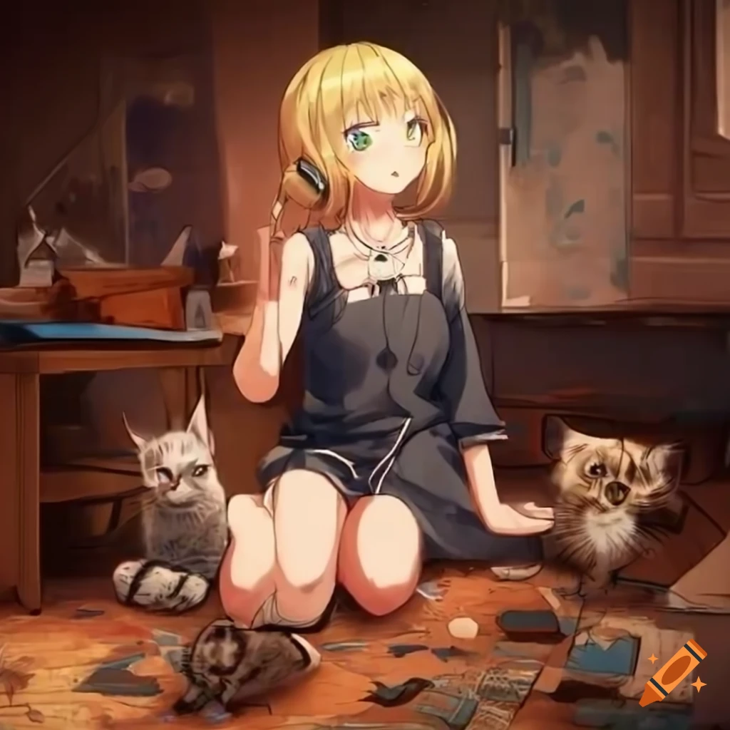 anime girl with headphones surrounded by kittens in a messy apartment