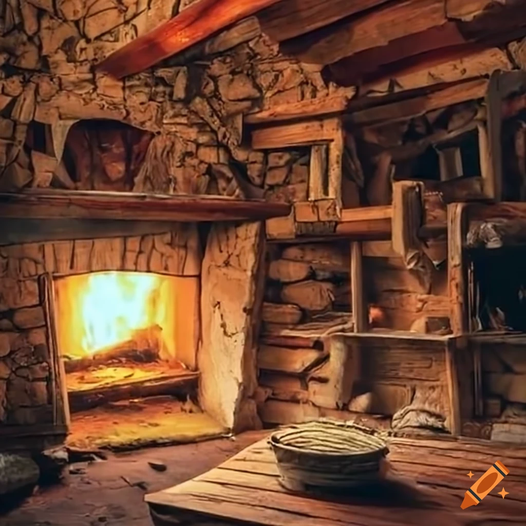 cozy fireplace in an old stone shack
