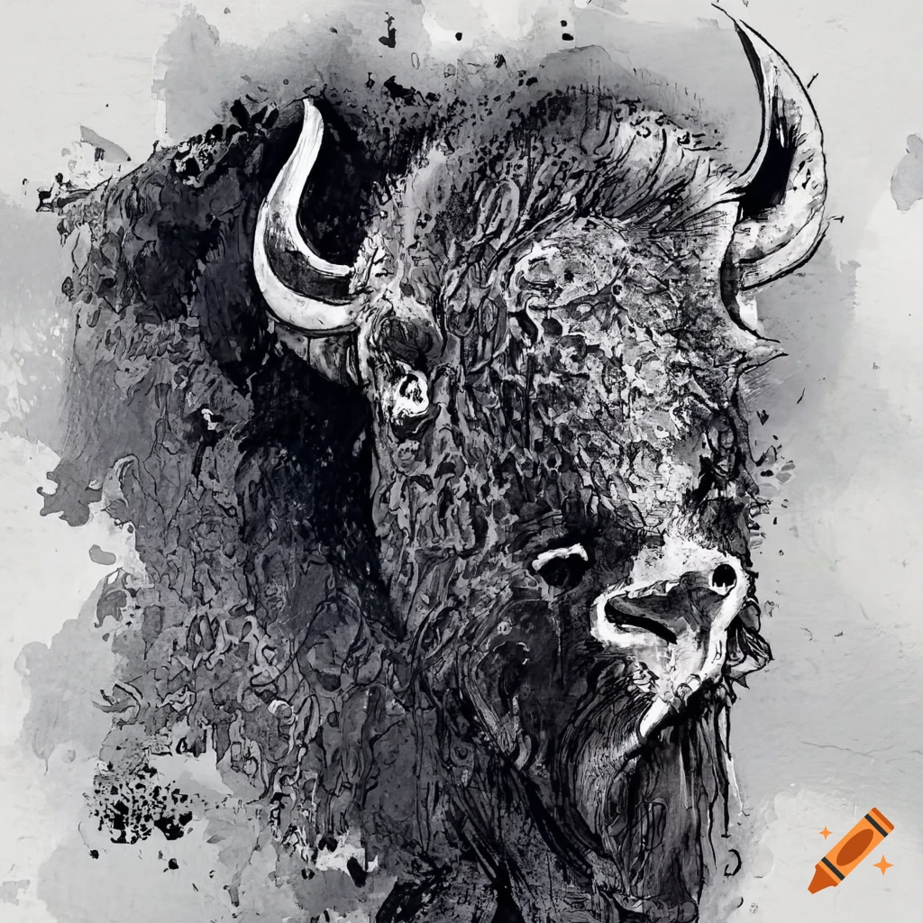 mural of a bison in black ink