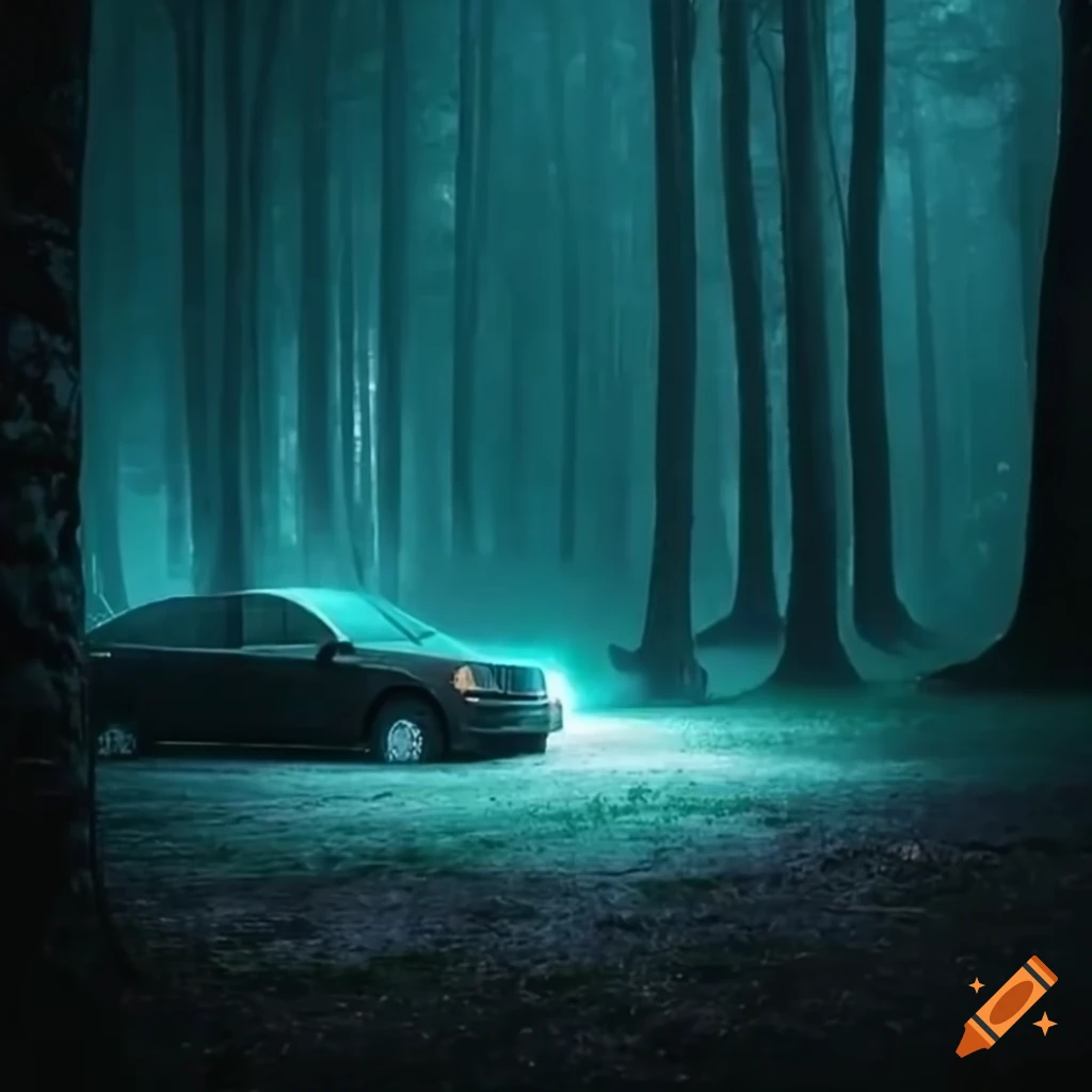 Night scene in a forest with a broken down car on Craiyon