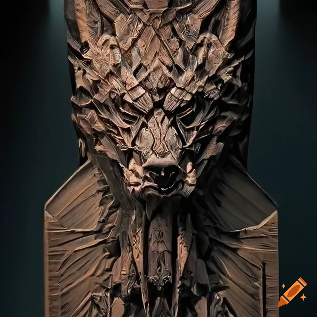 stunning moth werewolf sculpture in architectural stave carving style