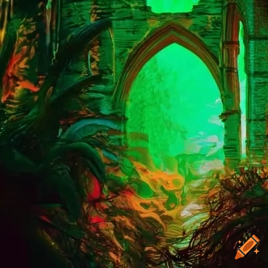 colorful tropical plants and medieval ruins