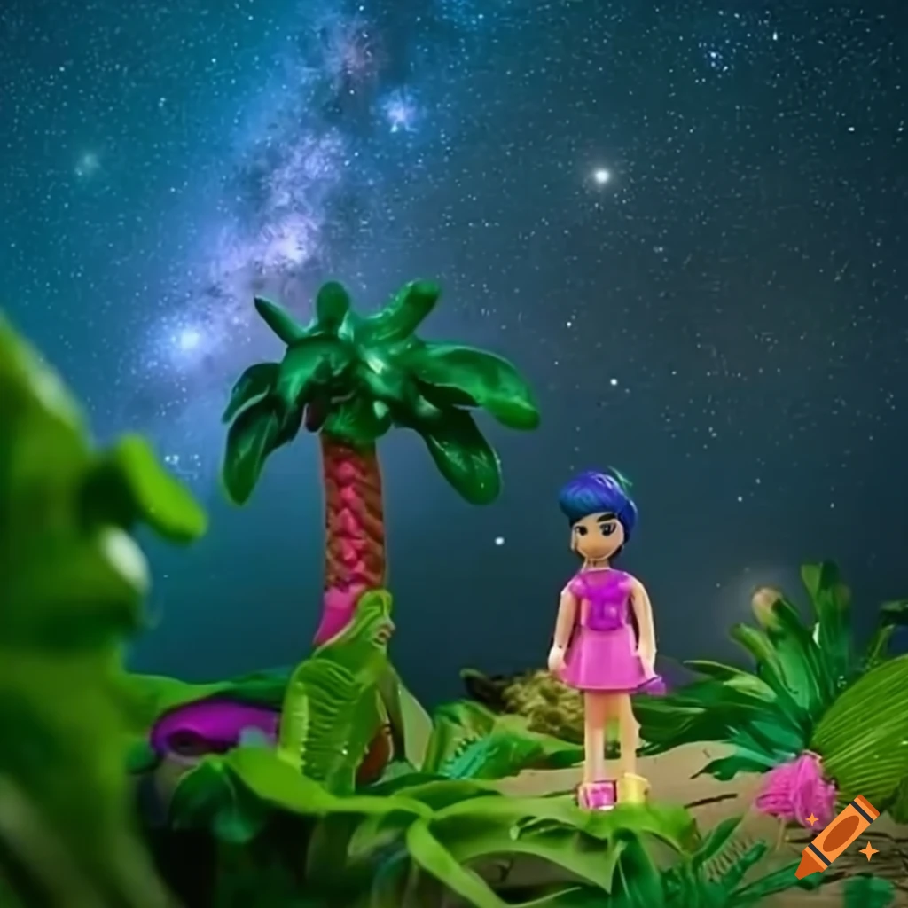 Polly Pocket tropical island with palm trees under starry sky