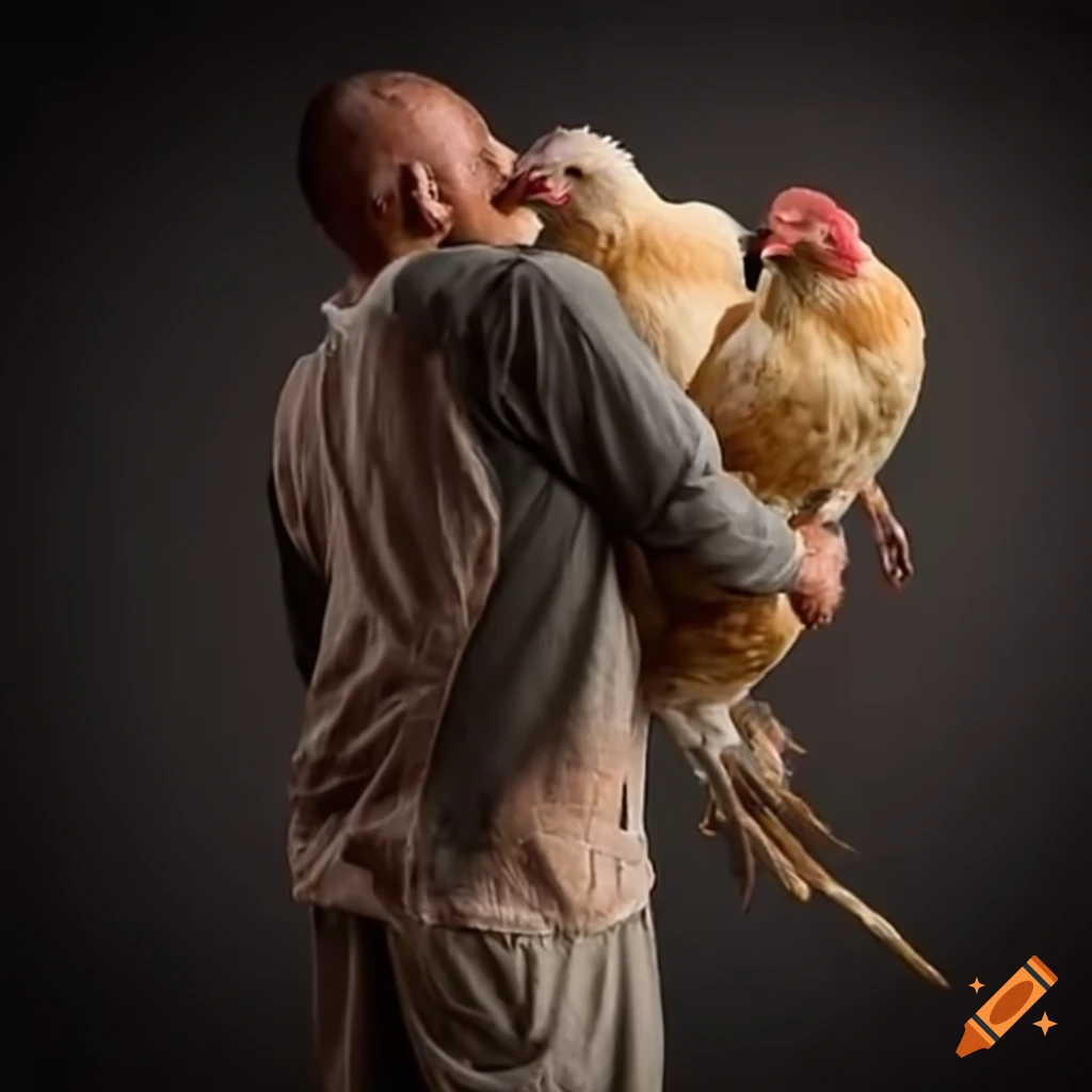 man carrying chickens
