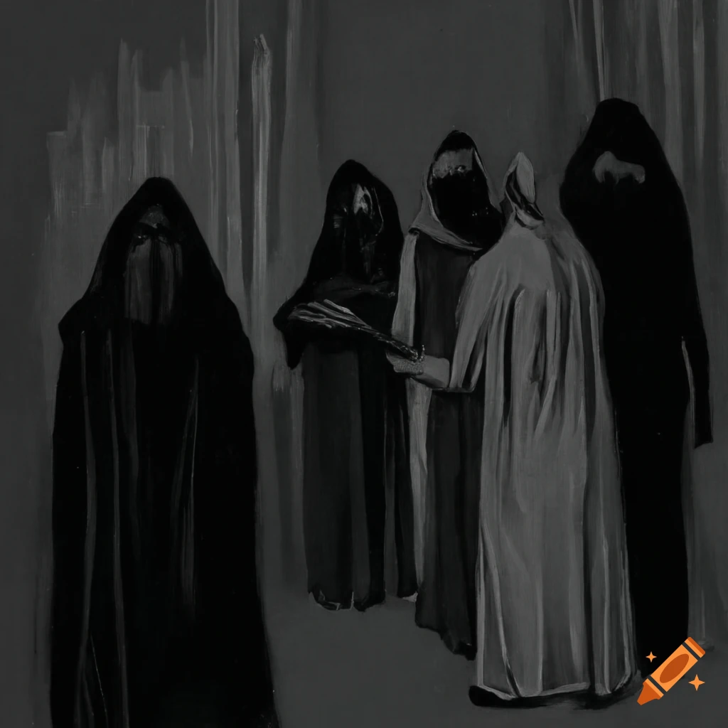 painting of hooded mourners in a grove