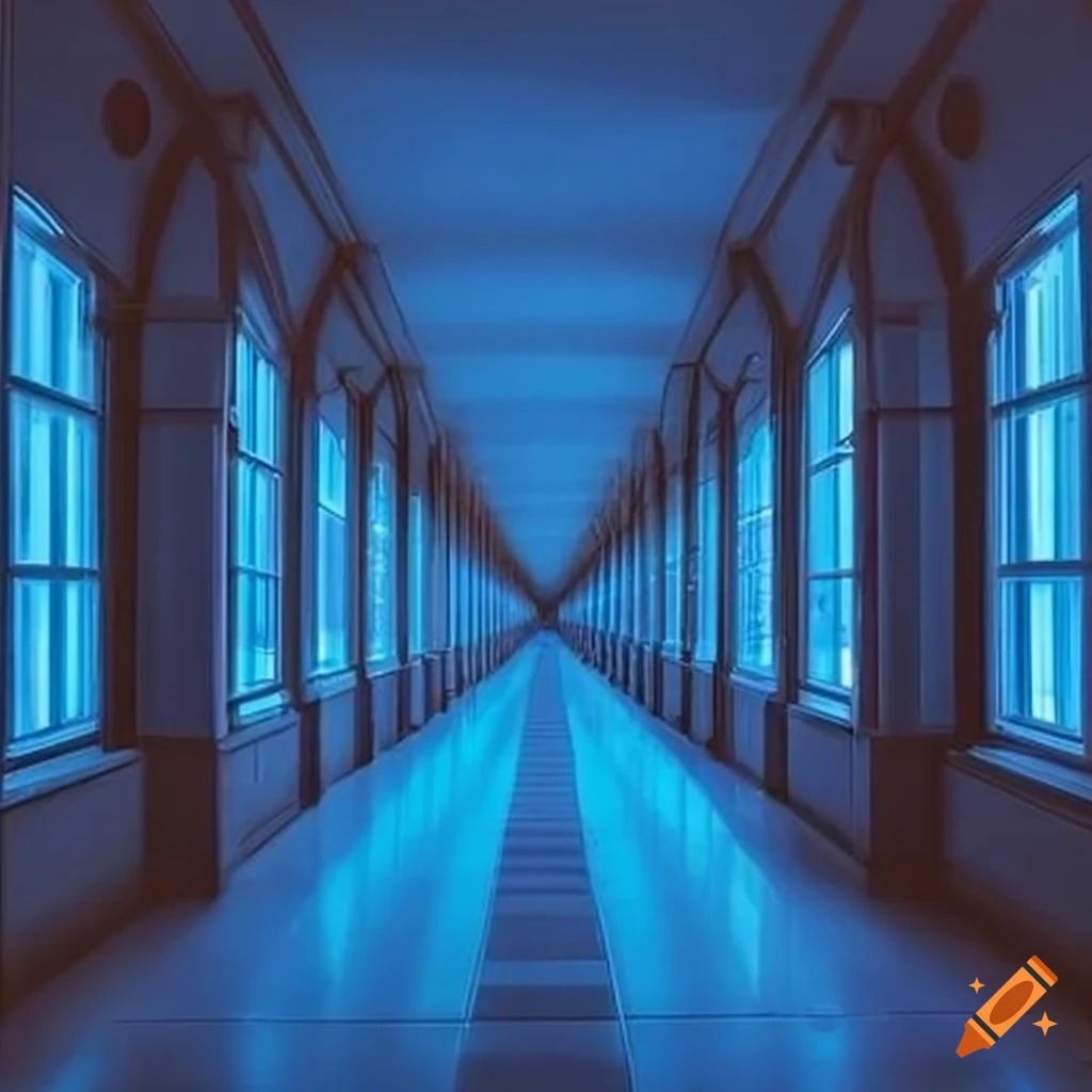 neon blue corridor with window reflections