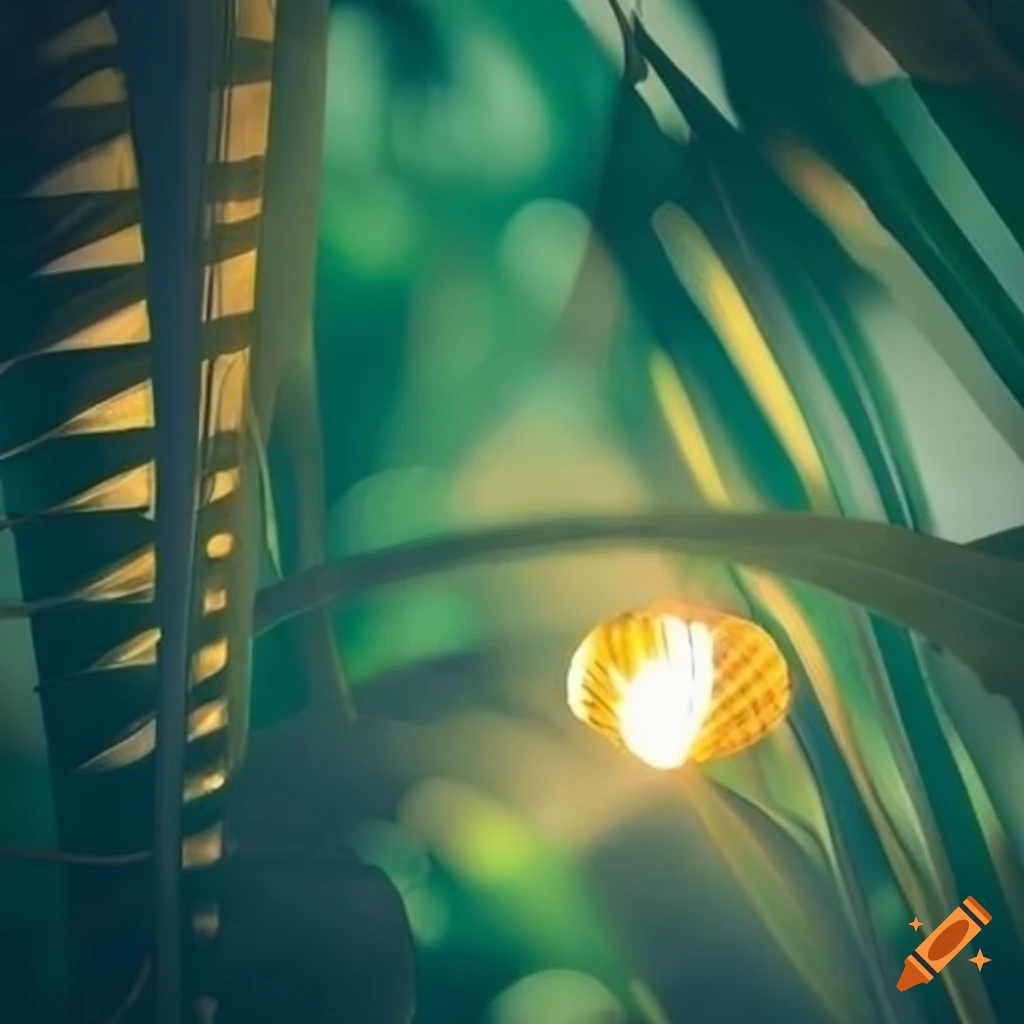 golden lighting on tropical plants and seashells with a bat