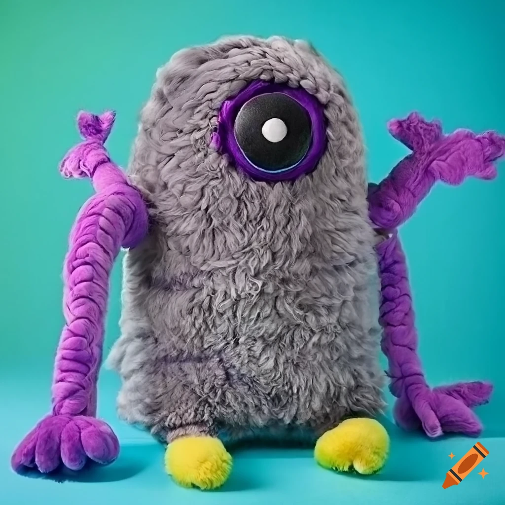 colorful stuffed animal monster with button eyes
