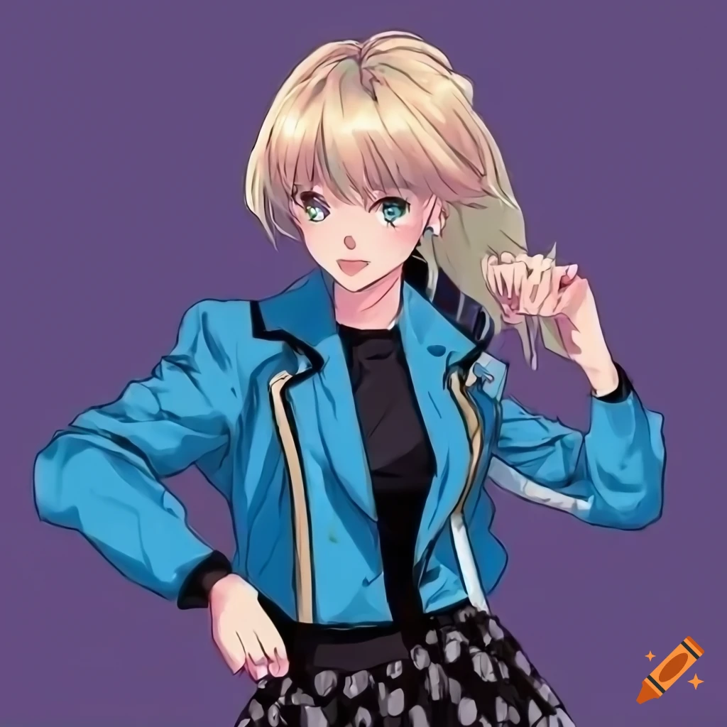 anime girl in blue jacket checking time on her watch