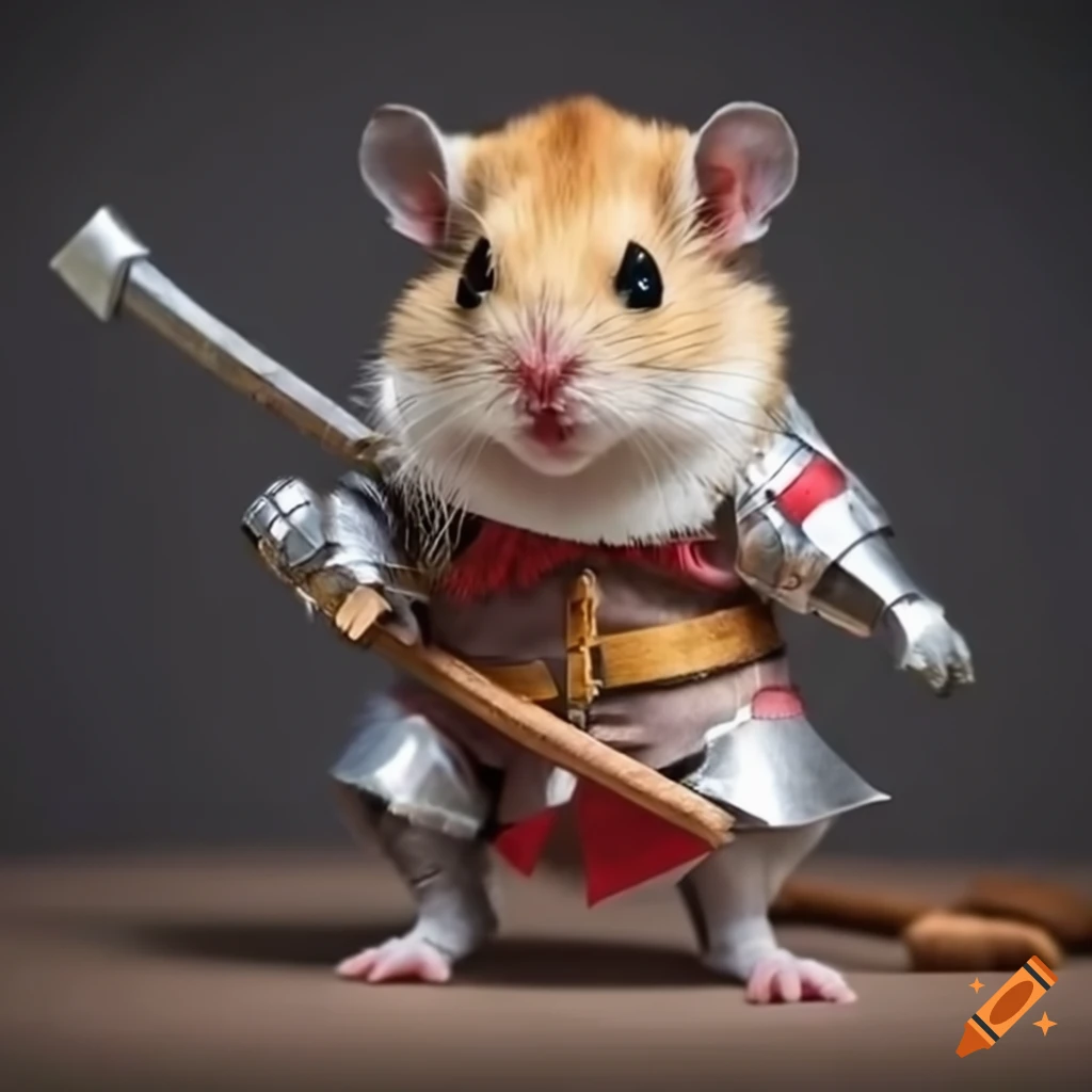 Hamster dressed as a medieval knight with axes on Craiyon