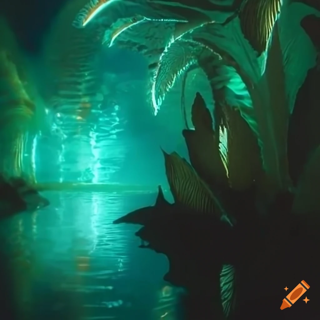 glowing quartz crystals and seashells with tropical plants