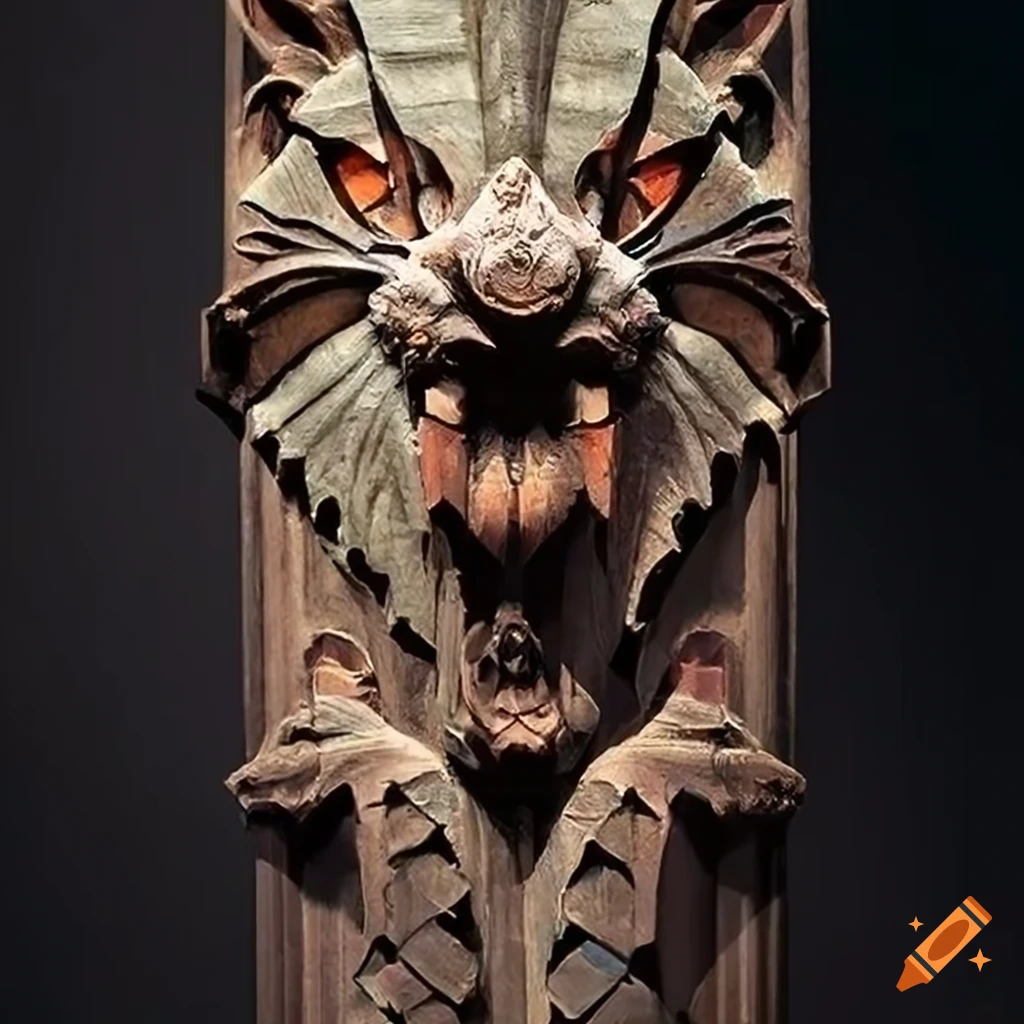 detailed carving of a moth werewolf motif