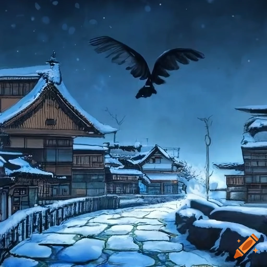 serigraph of a raven flying over cobblestone