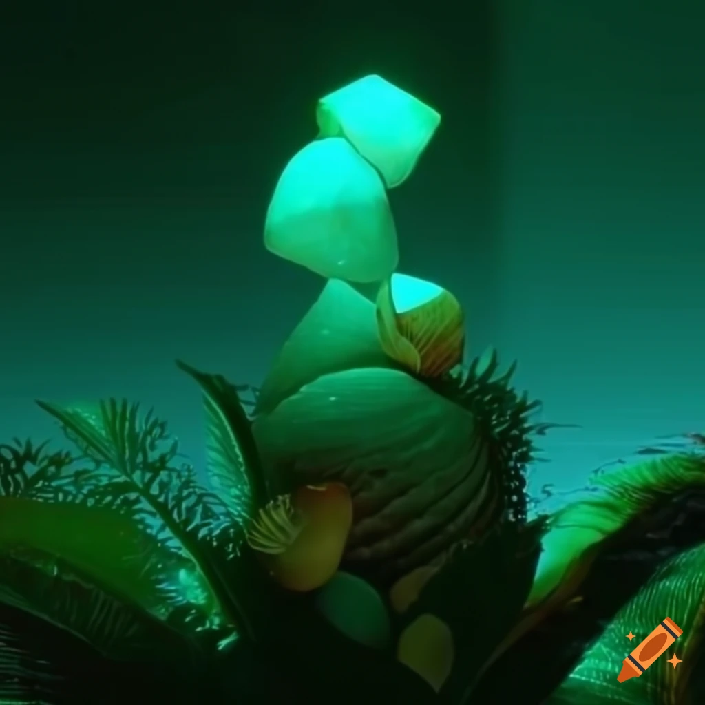 glowing quartz crystals and seashells with tropical plants