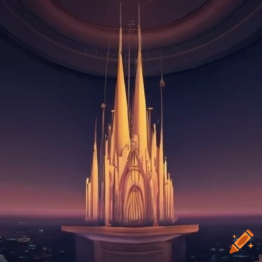 art deco skyscraper with onion dome tipped spires
