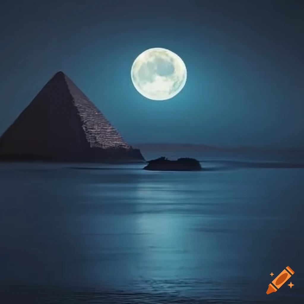 midnight view of an Egyptian pyramid under the full moon