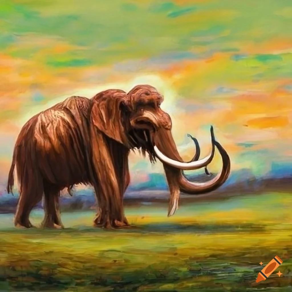impressionist painting of a mammoth in grassy fields