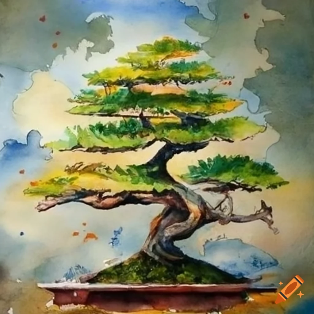 watercolor painting of a mystical bonsai