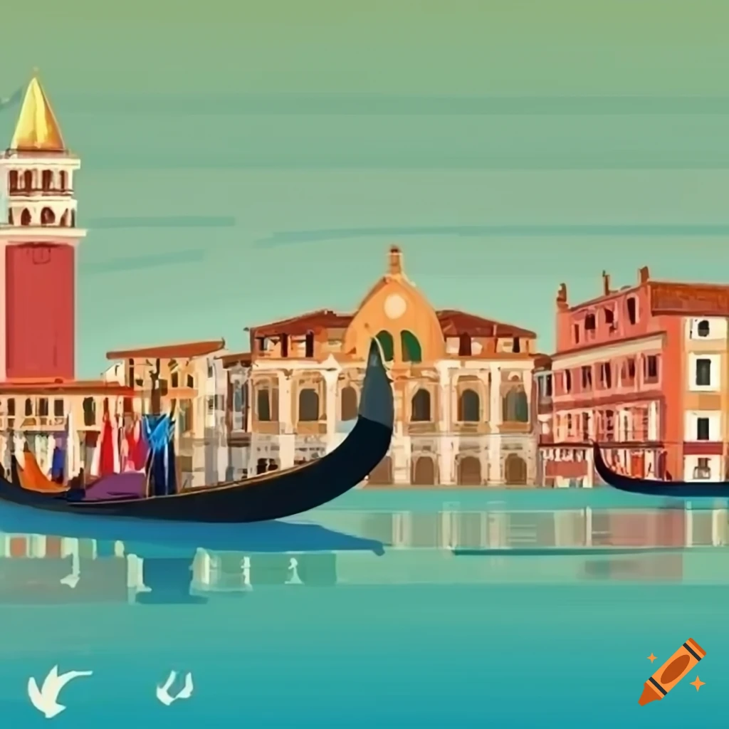 colorful cartoon depiction of Venice with gondolas and canals