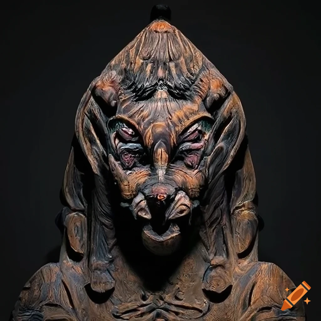 detailed moth werewolf carving art