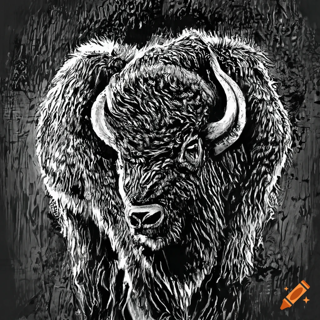 mural of a bison in black ink