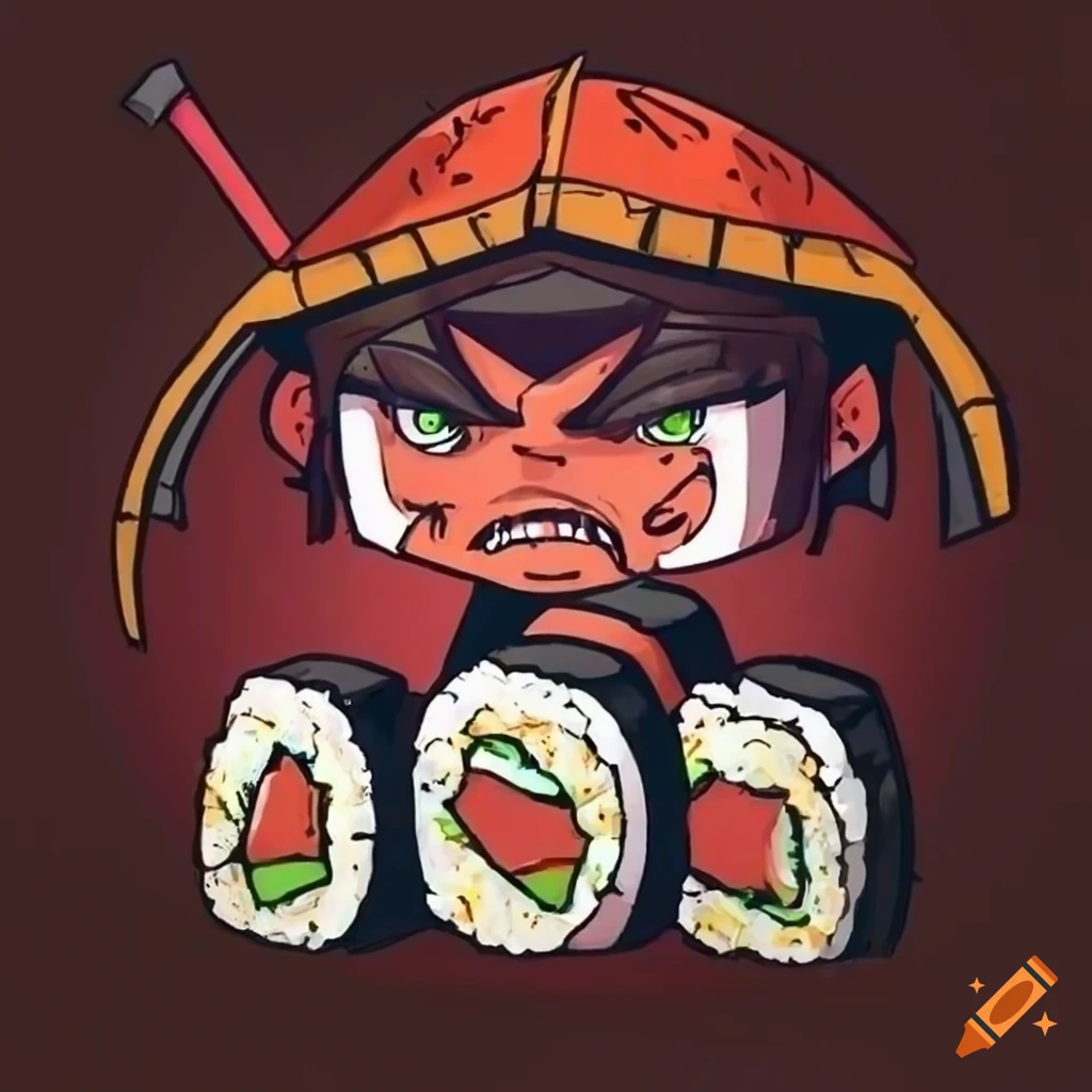 doodle art of an angry samurai sushi roll
