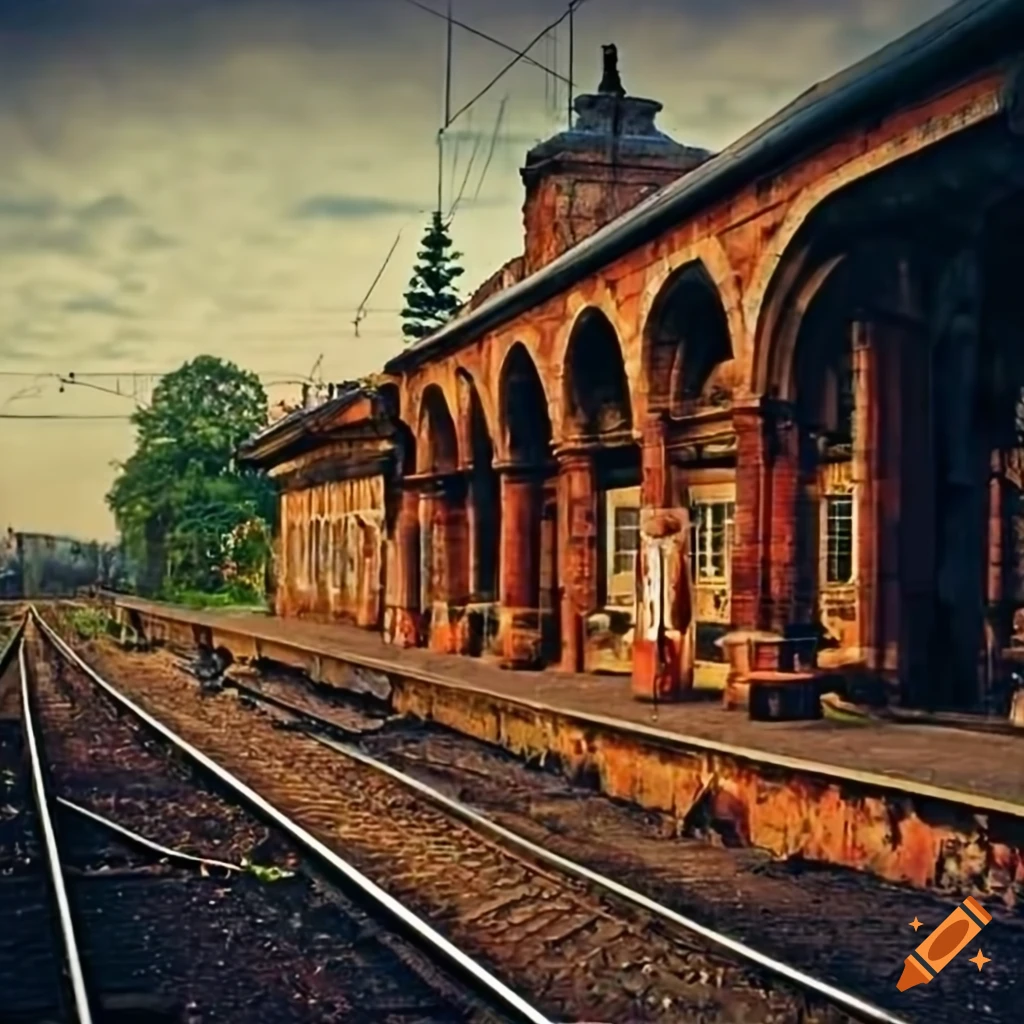 sunset at an old train station